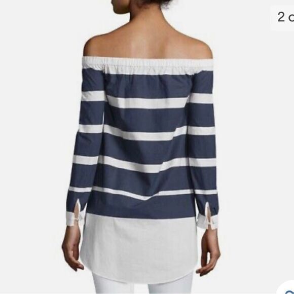 Derek Lam 10 Crosby Off The Poplin Striped Off The Shoulder Tunic Top - Picture 2 of 9